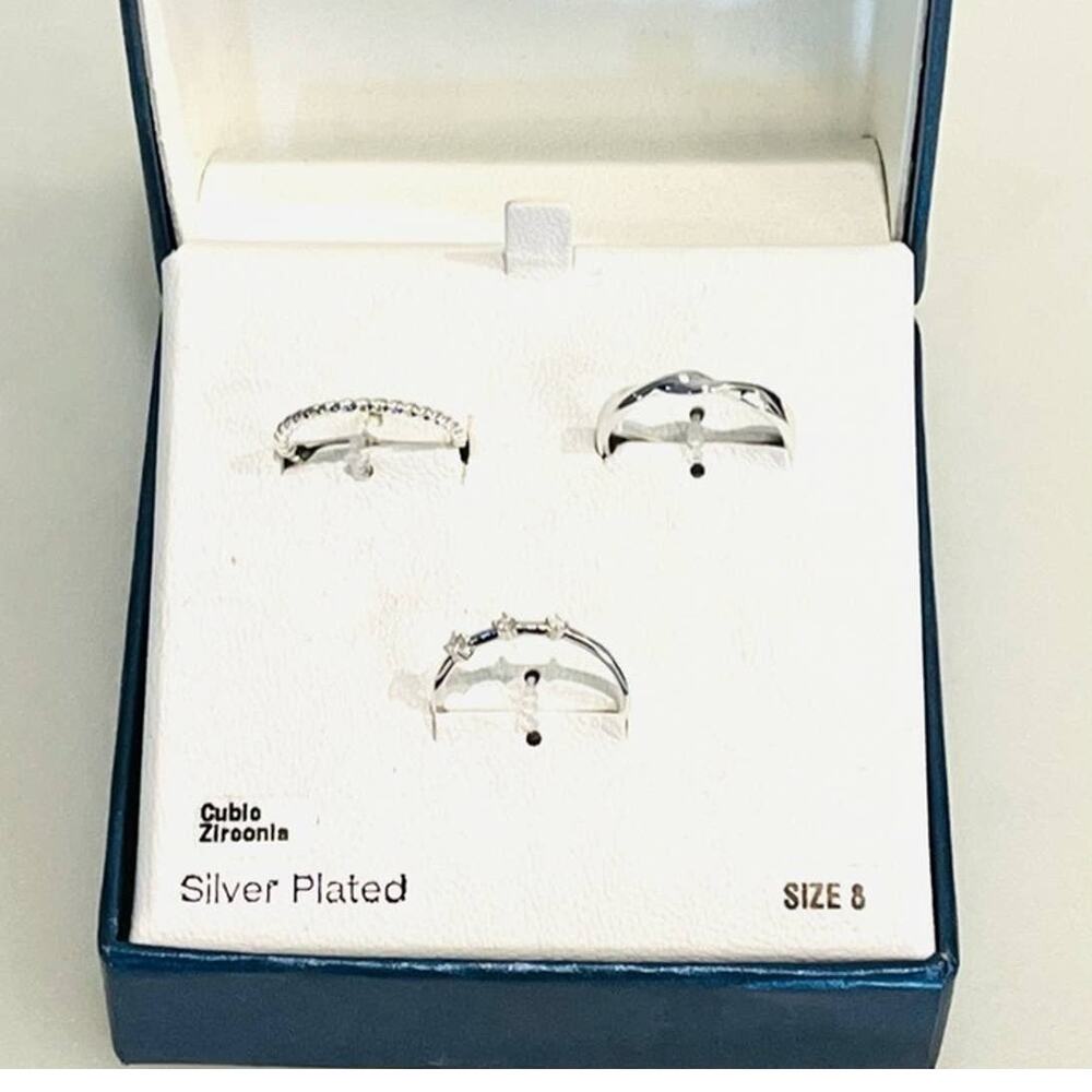Silver Plate Ring Trio Cubic Zirconia Sz 8 Stack Ring Set 3 And Now This New Box